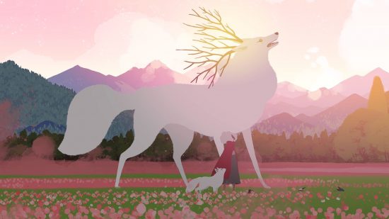 Neva switch release: a giant white wolf standing behind a woman