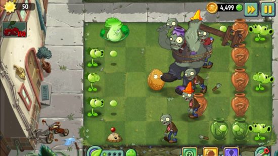 a battle between plants and zombies in Plants Vs Zombies games 2