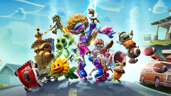 Plants Vs Zombies games: a bunch of plant like characters and zombies on a blue background