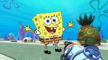 PowerWash Simulator spongebob crossover: Spongebob standing in front of his mucky house