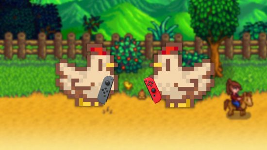 Stardew Valley Coop and co-op: two pixelated chickens holding joycons