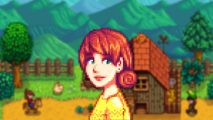 Stardew Valley Penny's portrait on a farm background
