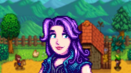 Stardew valley Abigail on a background of a farm building