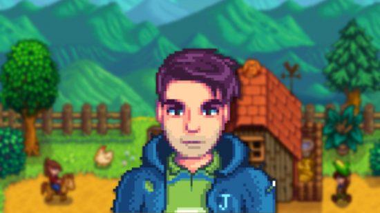 An icon of Stardew valley Shane on a farmy background