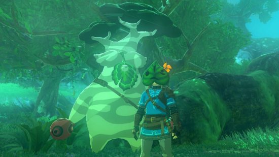 Link wearing a mask in front of Tears of the Kingdom Hestu