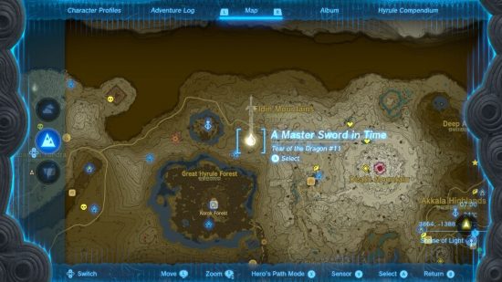 Zelda: Geoglify Tears of the Kingdom wyróżnione kształtem łzy na brązowo-białej mapie Hyrule usianej różnymi szpilkami i znaczkami, drogami i rzekami.