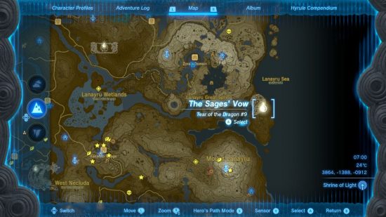 Zelda: Geoglify Tears of the Kingdom wyróżnione kształtem łzy na brązowo-białej mapie Hyrule usianej różnymi szpilkami i znaczkami, drogami i rzekami.