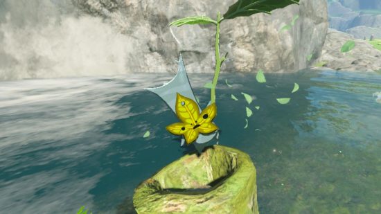 Tears of the Kingdom koroks: A happy looking korok hanging from a leaf