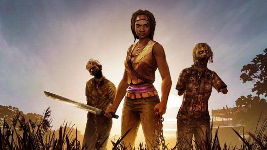 Walking Dead games Michonne flanked by two zombies at sundown