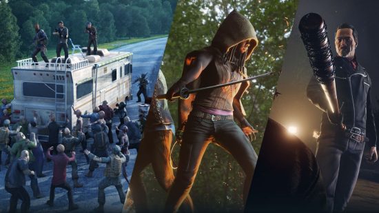 Captures d'écran des jeux Walking Dead No Man's Land montrant des zombies, des armes et des positions de combat