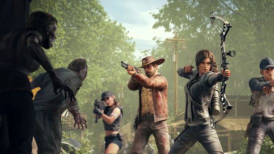 Personnages des survivants des jeux Walking Dead avec Lara Croft et quelques zombies