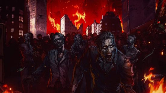 Walking Dead games All Stars artwork of a horde of zombies in a burning city