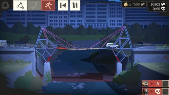 Constructeur de ponts de jeux Walking Dead : un pont sur le point de s'effondrer avec une voiture et un tas de zombies dessus