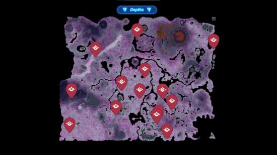 A Zelda: Tears of the Kingdom hinox map showing their locations all over the depths of Hyrule