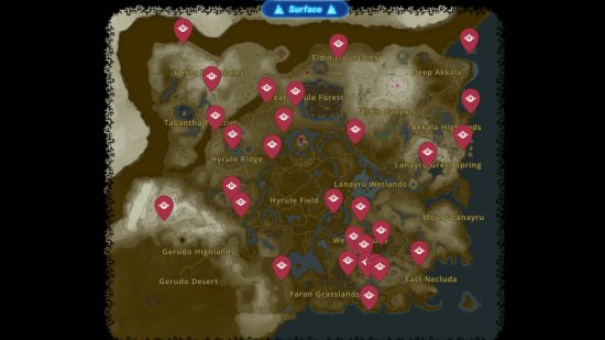 A Zelda: Tears of the Kingdom hinox map showing their locations all over the surface of Hyrule