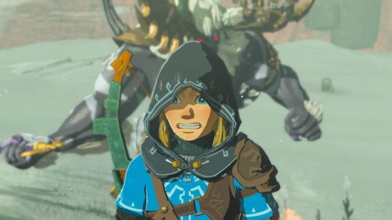 Zelda Tears of the Kingdom lynel - Link in a dark hood looking frightened as a lynel dashes up behind him
