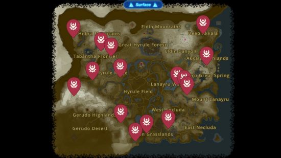A map showing every Zelda Tears of The Kingdom lynel location on the surface of Hyrule
