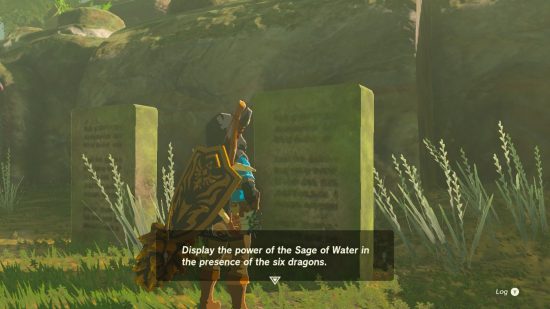 Zelda: Tears of the Kingdom six dragons - Link looking at a stone tablet, a speech bubble below says "Display the power of the Sage of Water in the presence of the six dragons."