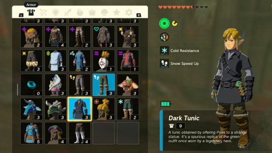 Zelda Tears of the Kingdom armor Dark tunic on Link in the inventory screen
