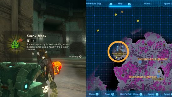 The Zelda Tears of the Kingdom armor Korok Mask location on a map and a picture of the mask