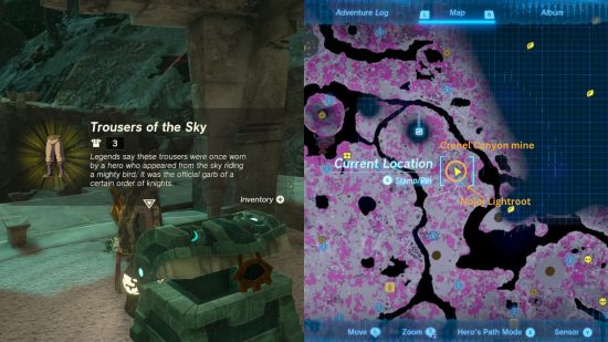 The Zelda Tears of the Kingdom armor Trousers of the Sky location on a map and a picture of the trousers