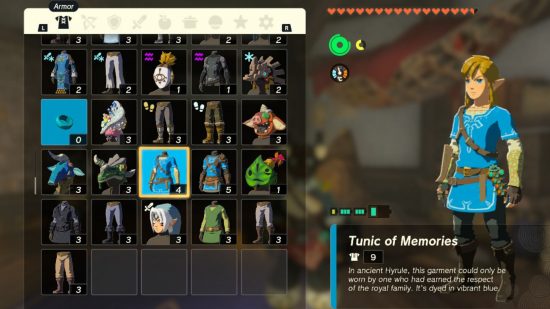Link wearing the Zelda Tears of the Kingdom armor Tunic of Memories armor