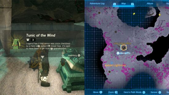 The Zelda Tears of the Kingdom armor Tunic of the Wind location on a map and a picture of the top
