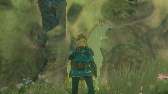 Link stojący przed gigantycznym białym koniem Zelda Tears of the Kingdom na skalistym tle
