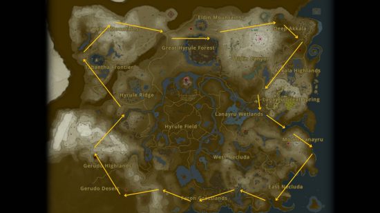 A map showing the Zelda Tears of the Kingdom light dragon path across Hyrule