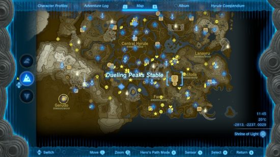 A map of Hyrule showing the Zelda Tears of the Kingdom stable location Dueling Peaks