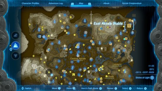 A map of Hyrule showing the Zelda Tears of the Kingdom stable location East Akkala