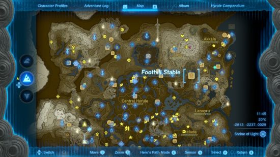 A map of Hyrule showing the Zelda Tears of the Kingdom stable location Foothill