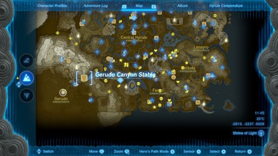 Mapa Hyrule przedstawiająca lokalizację stajni Zelda Tears of the Kingdom w Kanionie Gerudo