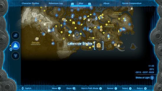 Mapa Hyrule pokazująca lokalizację stabilnej Zelda Tears of the Kingdom Lakeside