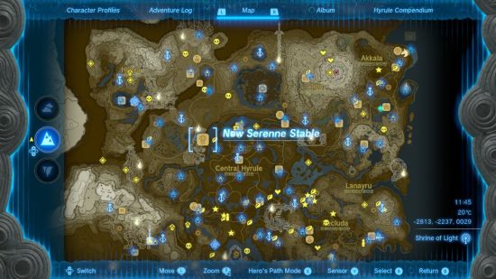 Mapa Hyrule przedstawiająca lokalizację stajni Zelda Tears of the Kingdom w New Serenne