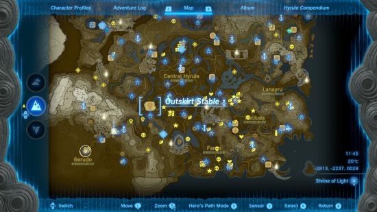 A map of Hyrule showing the Zelda Tears of the Kingdom stable location Outskirt