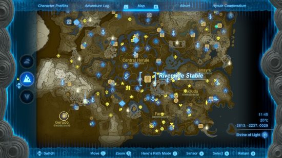 A map of Hyrule showing the Zelda Tears of the Kingdom stable location Riverside