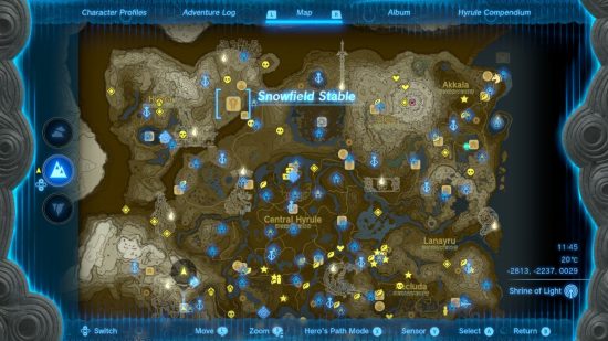 A map of Hyrule showing the Zelda Tears of the Kingdom stable location Snowfield 