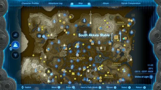 A map of Hyrule showing the Zelda Tears of the Kingdom stable location South Akkala