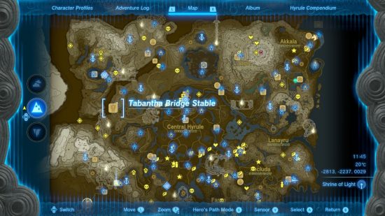 A map of Hyrule showing the Zelda Tears of the Kingdom stable location Tabantha Bridge