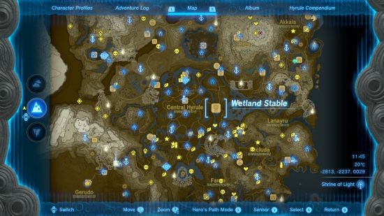 A map of Hyrule showing the Zelda Tears of the Kingdom stable location Wetland
