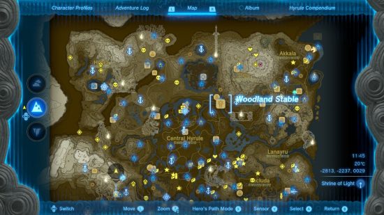 A map of Hyrule showing the Zelda Tears of the Kingdom stable location Woodland