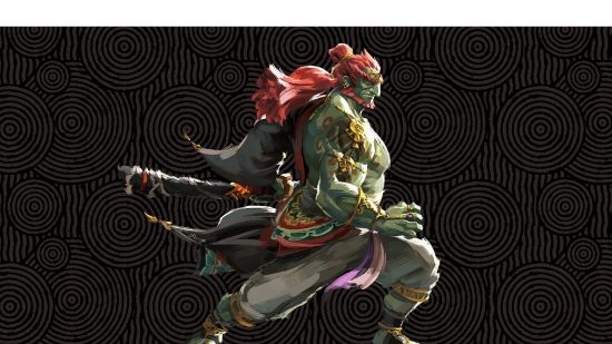 Postacie Zelda - Ganon z Tears of the Kingdom w bojowej pozie na czarnym tle z szarymi zawijasami