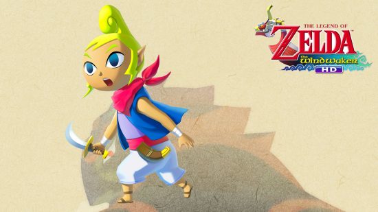 Zelda characters - Tetra wielding a dagger standing next to text that says "The Legend of Zelda: The Wind Waker"