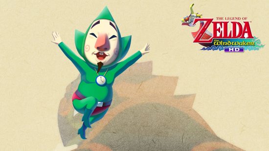Zelda characters - Tingle leaping with his arms in the air next to text that says "The Legend of Zelda: The Wind Waker"