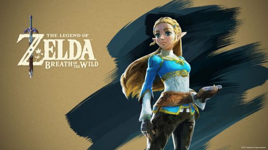 Zelda characters - Zelda standing against a blue and gold background next to text that says "The Legend of Zelda: Breath of the Wild"