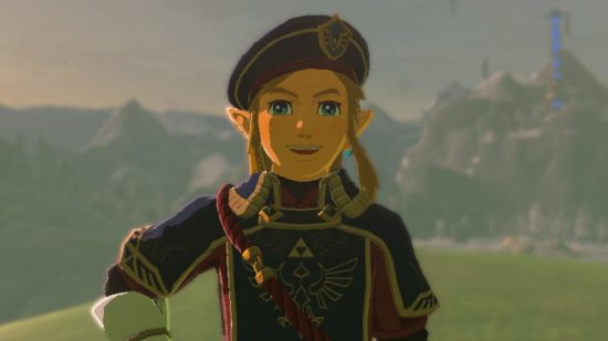 Zelda Tears of the Kingdom armor - Link, a blonde boy, in a miliatary uniform and hat, all blue and red.