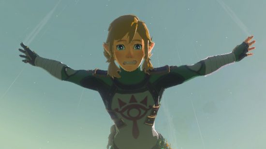 Zelda Tears of the Kingdom geoglyps - Link, a blonde boy in a tight top with an eye symbol on the middle, skydiving and looking scared, arms wide.