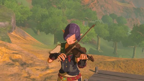 Zelda: Tears of the Kingdom great fairy - a woman with brown hair and an old-fashioned outfit playing a violin on a low ledge by some woods.