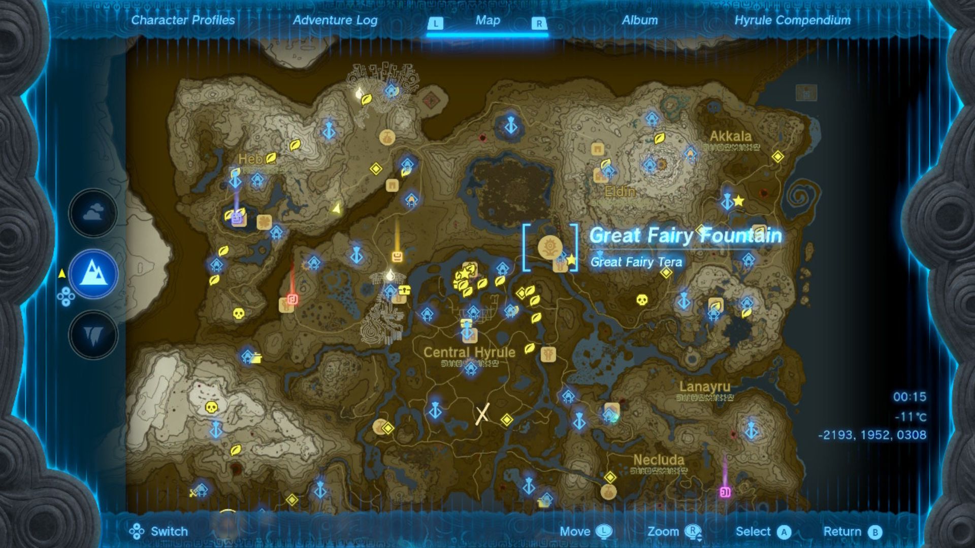 Zelda: Tears of the Kingdom wspaniałe bajkowe lokalizacje zaznaczone na brązowo-białej mapie Hyrule usianej różnymi szpilkami i znaczkami, drogami i rzekami.